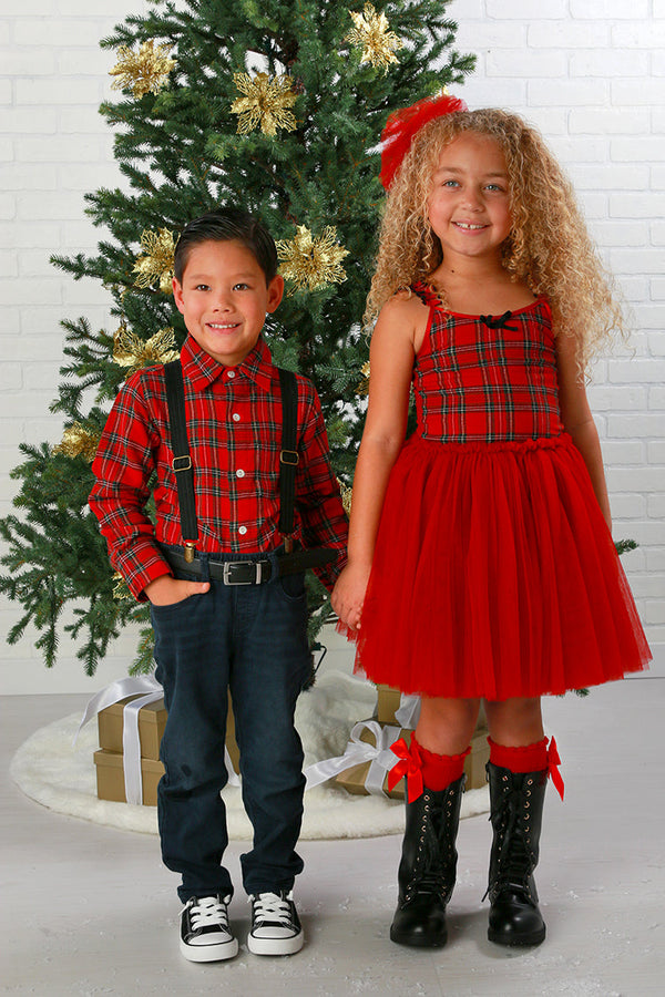 Girls’ Plaid Sophie Christmas Dress with Red Tulle Skirt 12M-14